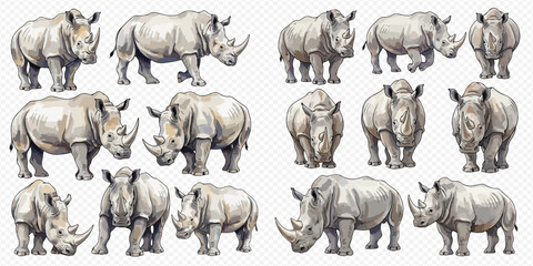 Collection of various rhinoceros illustrations in different poses, showcasing their powerful and majestic presence. © Ytaja