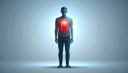 Fototapeta premium Battery icon on human chest showing low charge creating quiet melancholic exhausted burnout atmosphere generative AI