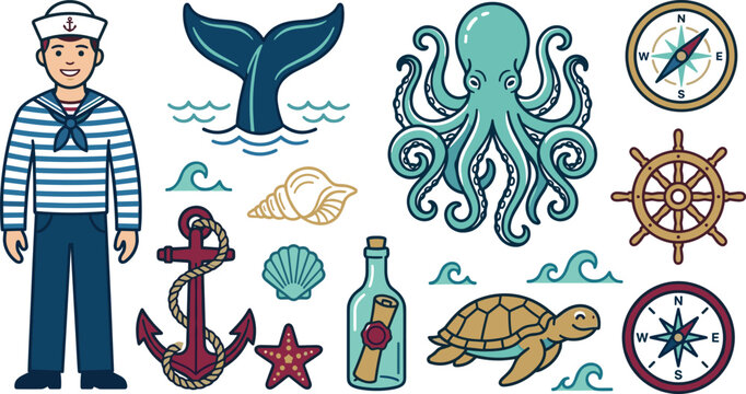Nautical and marine icon collection featuring sailor, octopus, whale tail, anchor, compass, sea turtle, ship wheel, and ocean adventure elements