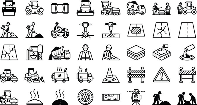 Road construction line icons set featuring heavy machinery asphalt paving workers maintenance equipment isolated on white background.