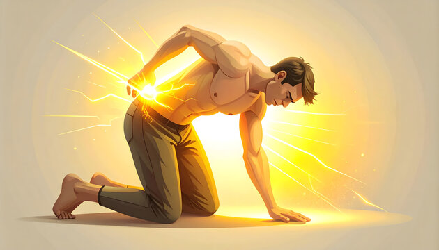 Person bending down to pick object with lightning bolt pain lines creating empathetic painful atmosphere generative AI