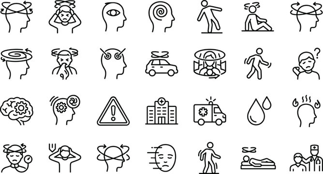 Dizziness and vertigo line icon set featuring headache symptoms mental confusion medical care isolated on white background.