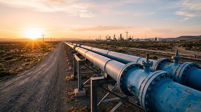 A pair of industrial blue pipelines stretch across a vast desert landscape toward a distant facility at