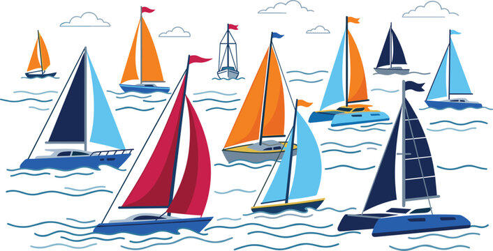 Colorful sailing yacht regatta collection featuring racing sailboats, catamarans, ocean waves, maritime sports, and nautical adventure illustrations