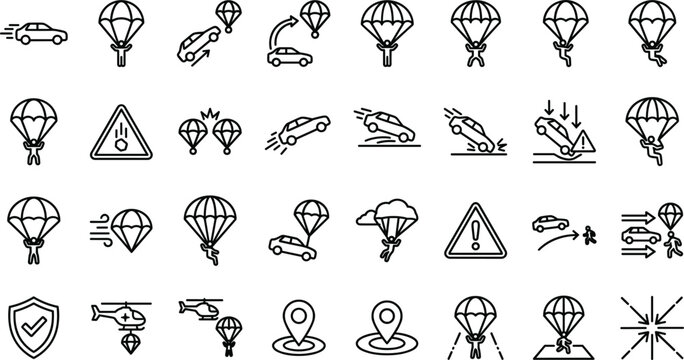 Airdrop and parachute extraction line icon set featuring flying car delivery military logistics isolated on white background.