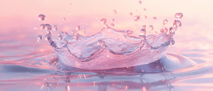 Instantaneous Crown-Shaped Water Splash Against a Pink Dreamy Background