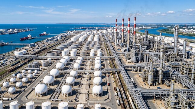 An aerial view of a large industrial refinery complex with spherical storage tanks and tall chimneys