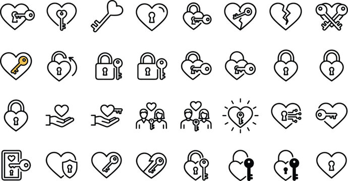 Heart lock and key line icon set featuring romantic padlocks romance love symbols isolated on white background.