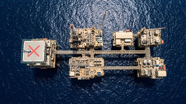 An aerial view of an industrial offshore oil drilling platform stationed in the deep blue ocean