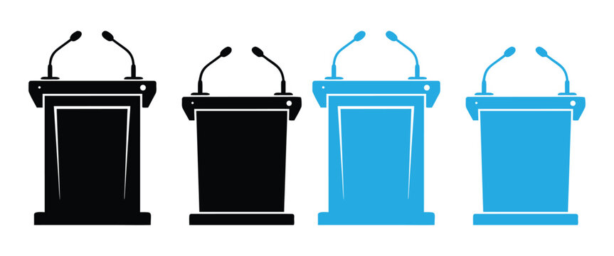 Presentation Podium Icon Set &ndash; Speaker Lectern, Microphone Stand, Public Speaking, Conference, Announcement, Outline & Silhouette Vector Collection