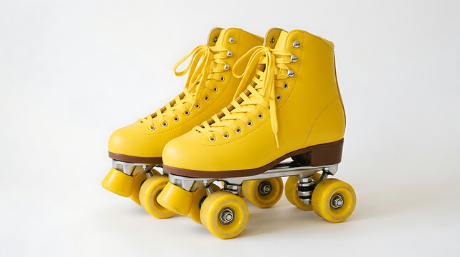 Bright yellow high top quad roller skates on white background
