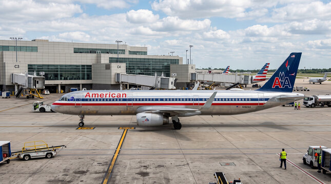 An American Airlines Airbus A321 aircraft featuring a polished metal livery is seen parked at a terminal gate with jet bridges and ground support equipment at a major commercial airport hub.