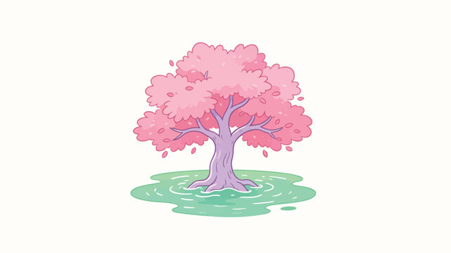 Charming Vector Illustration of a Pink Blossoming Cherry Tree Standing in Shallow Green Water, Featuring Soft Gradient Colors and Floating Petals in a Serene Minimalist Setting