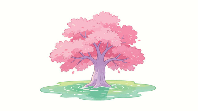 A whimsical illustration of a solitary cherry blossom tree with vibrant pink foliage standing in a serene pool of water, featuring soft gradients and a dreamlike, tranquil atmosphere.