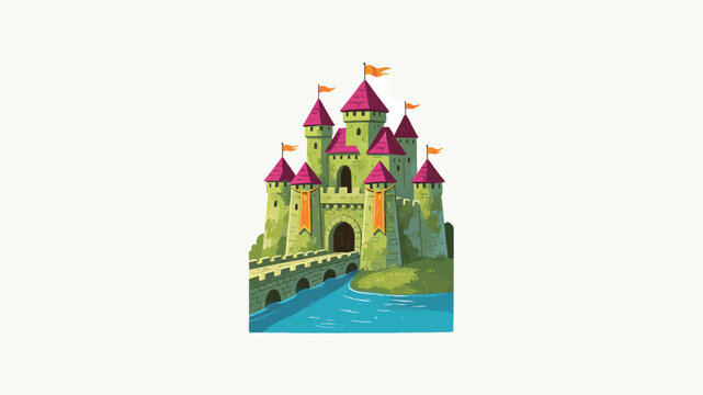 Vibrant Fairytale Castle with Pointy Pink Roofs, Orange Banners, and Stone Towers Surrounded by a Moat Against a Minimalist White Background