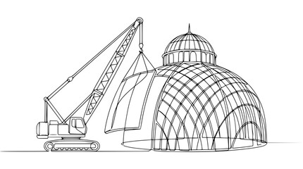 Crane Constructing Geodesic Dome Structure, Architectural Sketch, Building Process © Lailai
