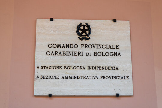 Bologna, Italy July 27, 2025 wall-mounted carabinieri sign with administrative section, italian police sign