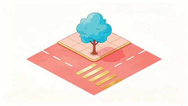 Isometric illustration of a charming blue tree on a pink sidewalk with golden crosswalk stripes and a red road, featuring a minimalist art style with soft shadows and playful details.