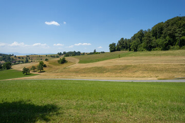 Fototapeta premium The beautiful landscape of the canton of Lucerne. Its well-kept nature with meadows and snakes and roads that cross it.