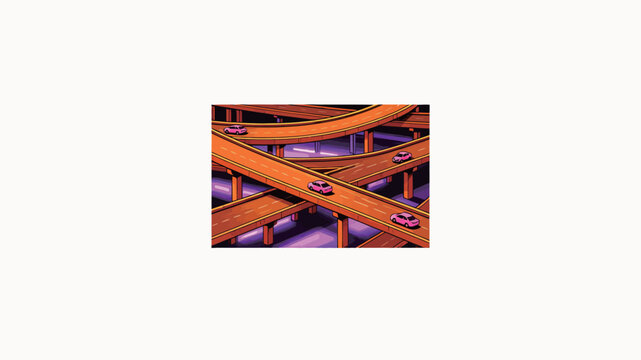 Complex Multi-Level Interchange with Pink Sedans Navigating Orange Elevated Highways Against Neon Purple Underground Glow