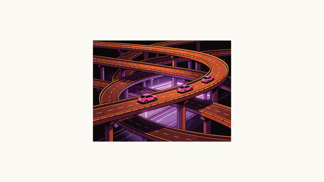 A complex web of elevated highways and curved ramps interwoven in a vibrant neon cityscape with pink sedans traversing the glowing orange tracks under a deep purple nocturnal atmosphere