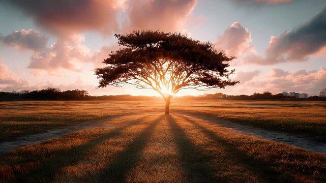 Silhouette of a solitary tree against sunset sky scenic landscape