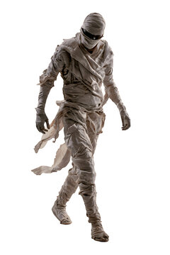 Walking mummy wrapped in ancient white rags for costume isolated on transparent background