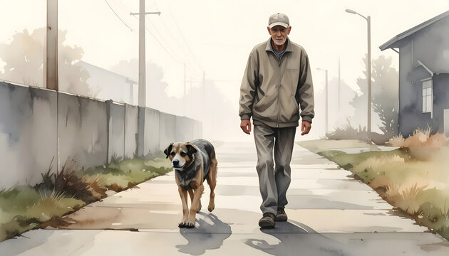 Elderly man walking old limping dog on foggy morning captures melancholic authentic slice life atmosphere generative AI