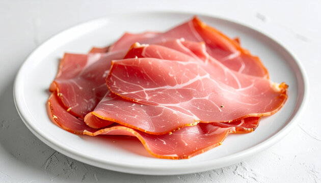 Thinly sliced ham on white ceramic plate, glossy cured meat texture, delicate marbling, appetizing fresh presentation, gourmet culinary. Close-up.