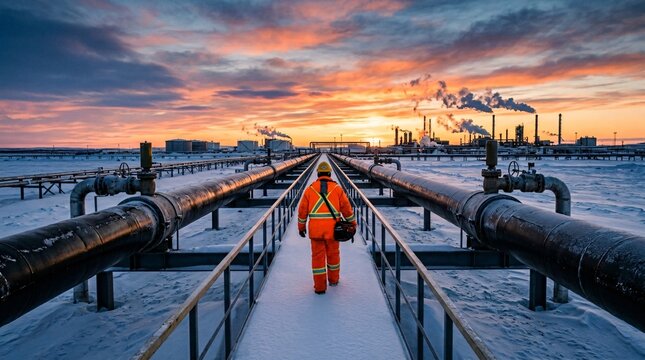 A worker in high visibility orange gear walks along a snow covered industrial pipeline catwalk at dawn