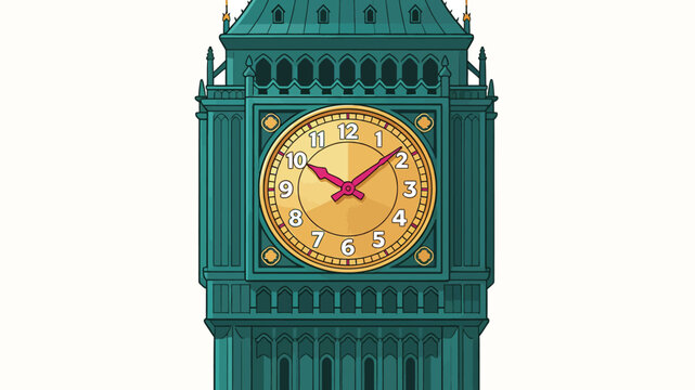 Stylized illustration of a teal clock tower featuring a bright yellow clock face with vibrant pink hands and white numbers against ornate architectural details.