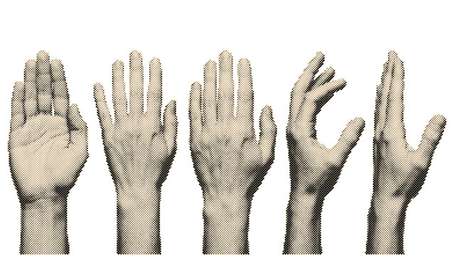 Vintage retro halftone hands set with circle dots pattern in various raised and open positions isolated on transparent background