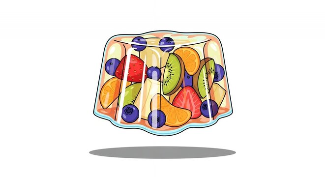Delicious Fruit Jelly Dessert with Strawberry Kiwi Blueberry and Orange Slices Isolated on White Background Vector