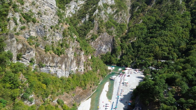 Aerial view of the stunning turquoise Shala River and steep mountain canyon, Lumi i shales, Albania
