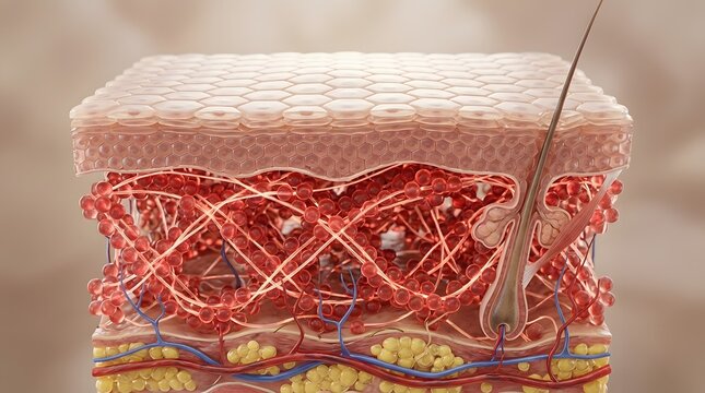 3d illustration of human skin anatomy showing the epidermis, dermis, and subcutaneous fat layers with hair follicle and blood vessels