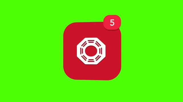 A 3D Traditional Chinese bagua mirror feng shui security protection symbol notification icon popping up and rotating on a blue screen chroma key background with a red number counter animation.