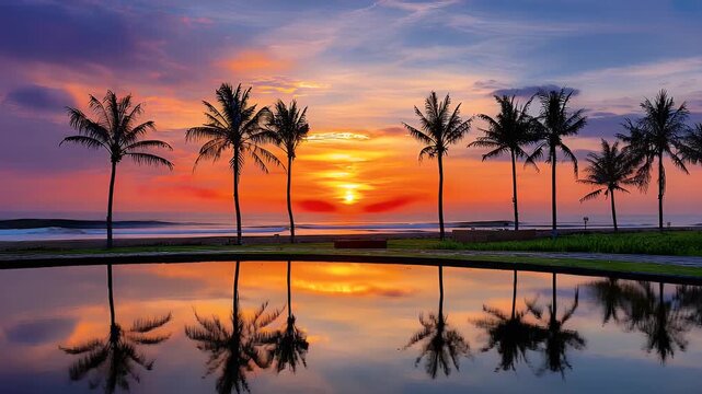 Sunset over palm trees and reflecting water surface