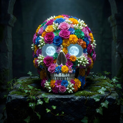 Naklejka premium Surreal floral skull decorated with colorful roses and glowing moon eyes.