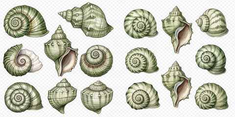 Collection of various seashells, intricate patterns and textures, natural marine life illustration. © Ytaja