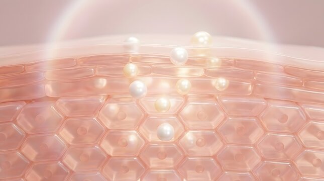 3d illustration of skin layers with pearl spheres representing skincare ingredients penetrating the epidermis for moisturizing and rejuvenation effect
