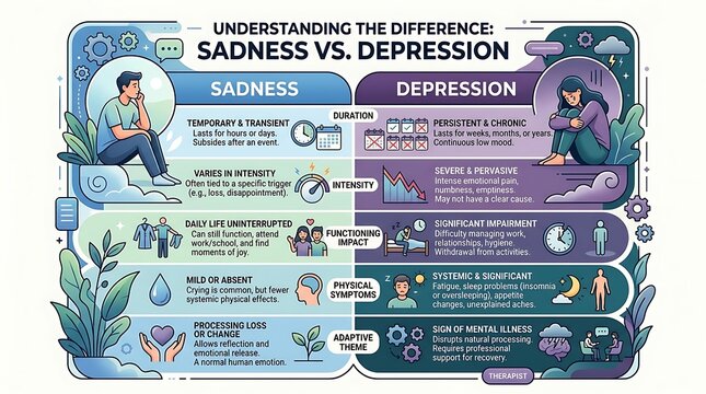Comparison of sadness and depression symptoms infographic