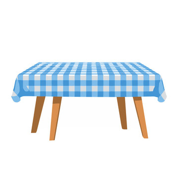 Wooden table with blue and white checkered tablecloth