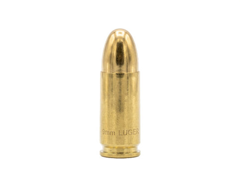 Single 9mm Luger Bullet Cartridge Isolated on transparent Background - 9x19mm Parabellum Pistol Ammunition Vector. Full Metal Jacket 9mm Ammunition - Military and Self Defense Pistol Bullet.