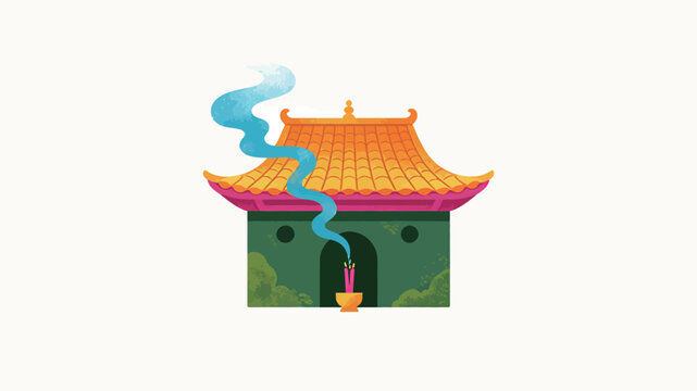 Vibrant Stylized Traditional Asian Pavilion with Golden Roof, Pink Eaves, and Blue Incense Smoke Rising Against a Minimalist Background