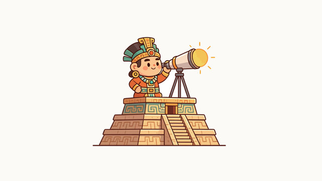 Cute Chibi Mesoamerican Astronomer Character in Traditional Feathered Headdress Using Telescope on Ancient Step Pyramid Platform for Star Gazing
