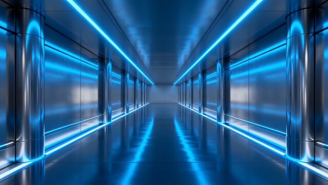 Futuristic corridor with blue neon lights