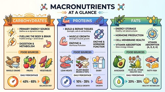 Macronutrients infographic showing carbohydrates proteins and fats