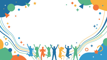 Fototapeta premium Energetic Jumping Crowd Silhouette and Abstract Wavy Lines Frame A dynamic vector background featuring a group of people jumping in celebration surrounded by colorful wavy lines