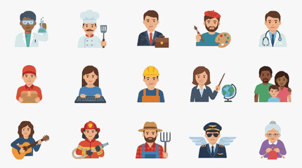 Fototapeta premium Clean Colorful Flat Icons Set of 15 Diverse Professionals with Unique Tools and Attire with high quality professional line art symbols for modern creative design and digital branding projects