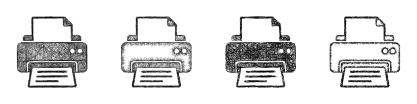 Monochrome sketch printer icon design set